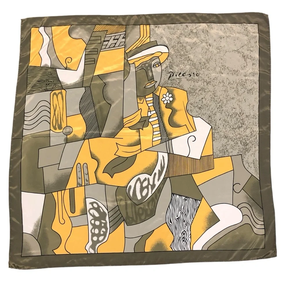Picasso Design 100% Silk Scarf - Gold Green/Grey Black Geometric Abstract Modern